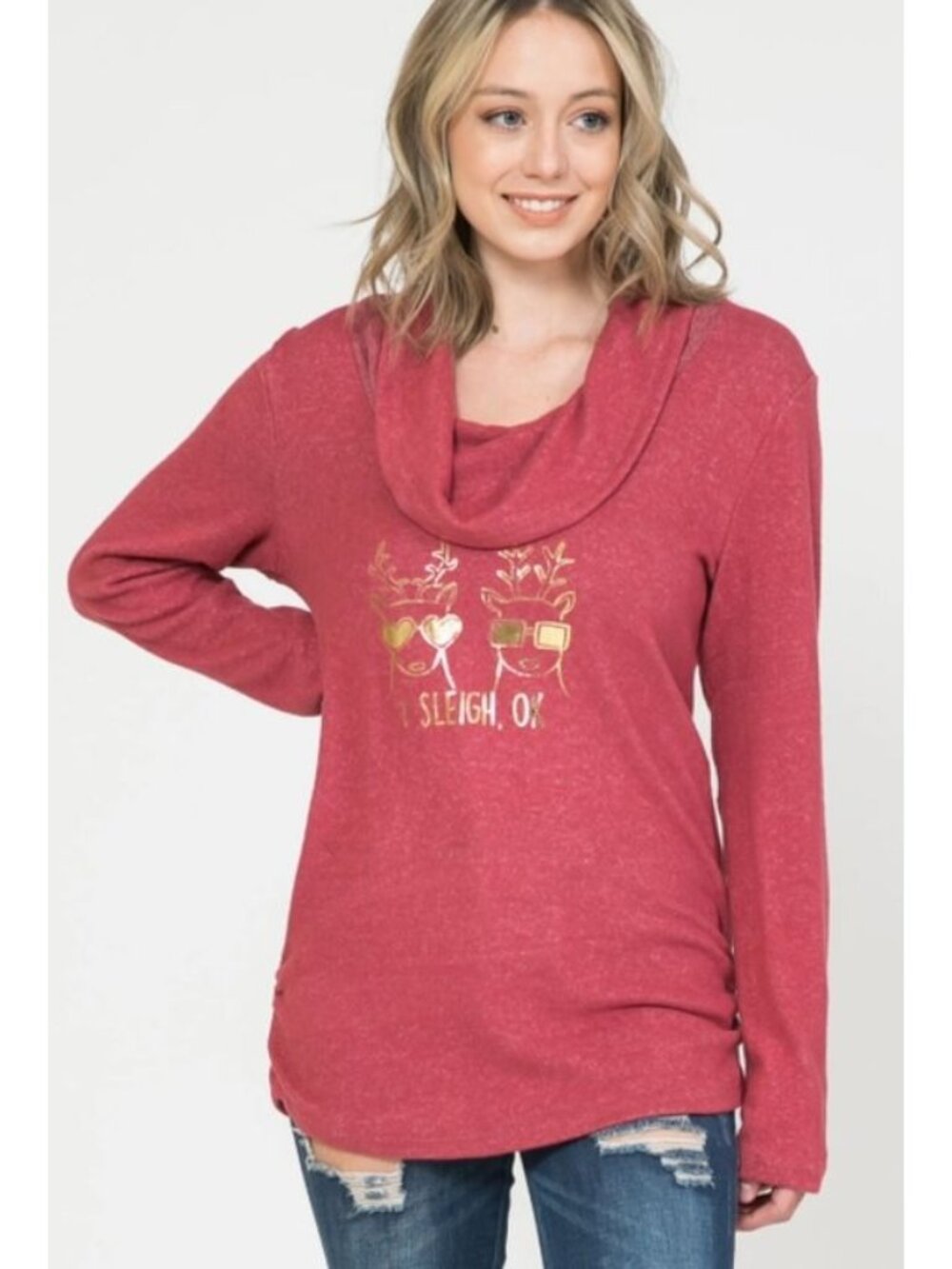 Red Cowl Neck Long Sleeve Christmas Top With "Sleigh Ok" Graphic XL